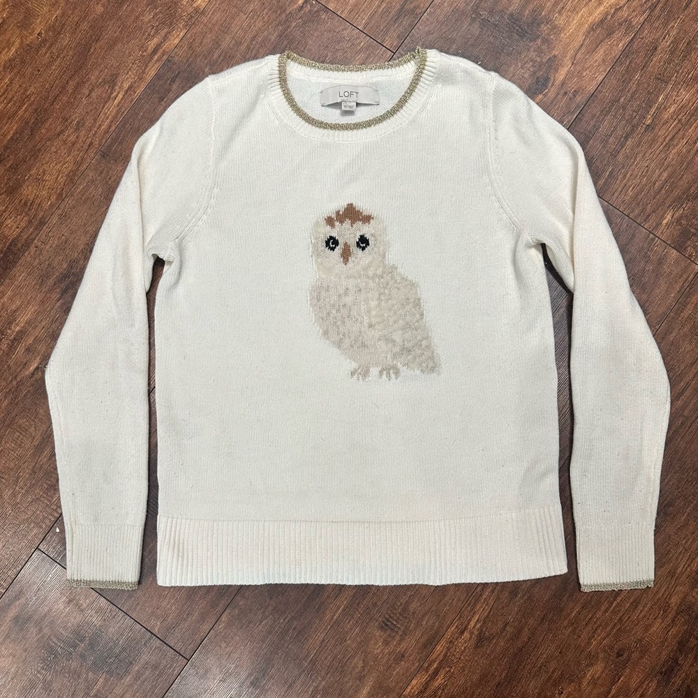 LOFT Cute Novelty Sweater Women's Size XS Pullover Long Sleeve Cream Texture Owl